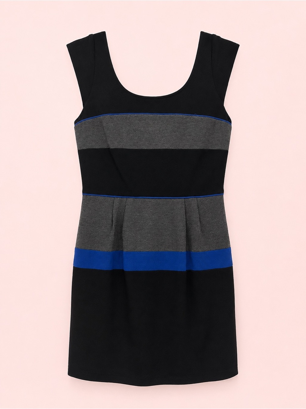 Sleeveless BCBG Black Dress with Gray and Blue Stripes. Size 8. Soft and comfy!